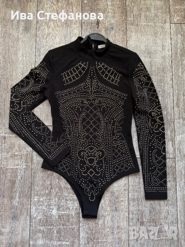 Ново официално черно парти коктейлно боди с декоративни малки капси стил Ким Кардашиян 