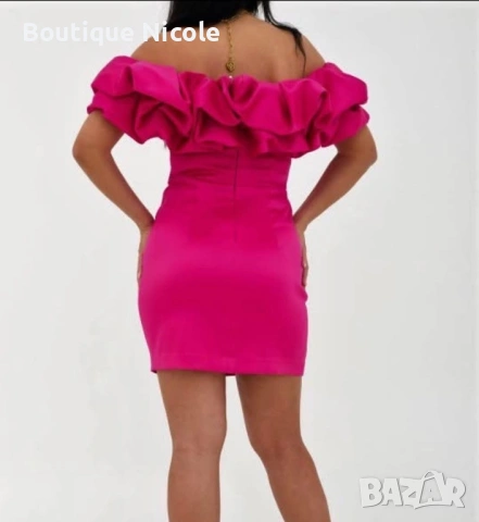 Къса цикламена рокля с ефектно деколте , снимка 3 - Рокли - 53585742