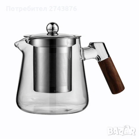 Стъклен огнеупорен чайник-кана с инфузер, с дървена дръжка, 500мл,Прозрачен 