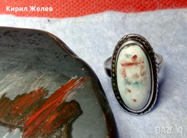 СТАРИНЕН РЕТРО АРТ СРЕБЪРЕН ПРЪСТЕН СРЕБРО ВИСОКА ПРОБА с РЪЧНО РИСУВАН БЯЛ ОПАЛ 30544, снимка 3 - Антикварни и старинни предмети - 49885923