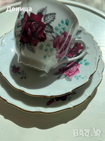 Haas & Czkek  Троен сет с нежен златен кант и релеф Винена и розова роза с ментови листенца , снимка 10 - Чаши - 51800629
