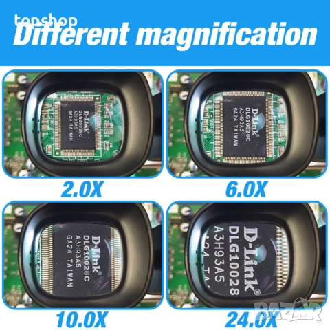 Нови XEERUN LED лупи за увеличаване с фенер 2.0X 6.0X 10.0X 24.0X увеличение за бижутери, шиене и др, снимка 2 - Части и Платки - 51799910