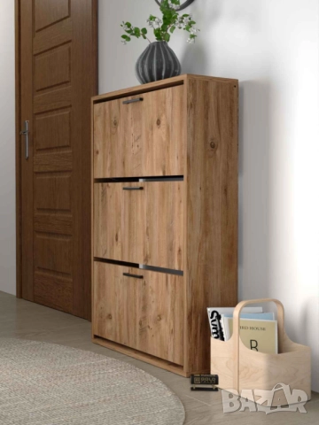 Шкаф за обувки с 3 падащи врати – бял и дървесен цвят/Шкафче за обувки, снимка 3 - Шкафове - 52306827