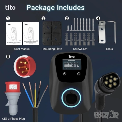 НОВА Зарядна станция за електрическа кола електромобил. Tera, 32A Тип 2 22kW или 11kW 400V, снимка 4 - Аксесоари и консумативи - 53473300