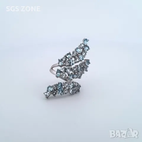 Пръстен със Светло Син Естествен Топаз и бял топаз, снимка 4 - Пръстени - 49575516