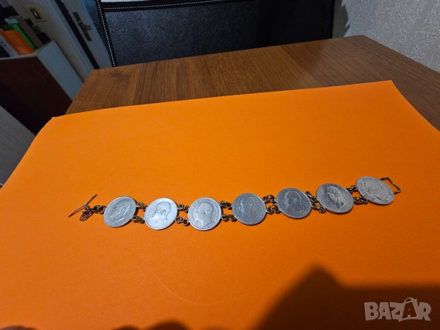 Старинна сребърна гривна със сребърни 7 монети от 50 стотинки 1891, 1912, 1913 Фердинандъ 1 сребро, снимка 2 - Антикварни и старинни предмети - 41795074