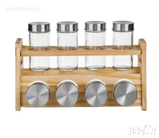 Поставка за подправки, Дървена стойка с 8бр бурканчета, снимка 2 - Аксесоари за кухня - 41038902