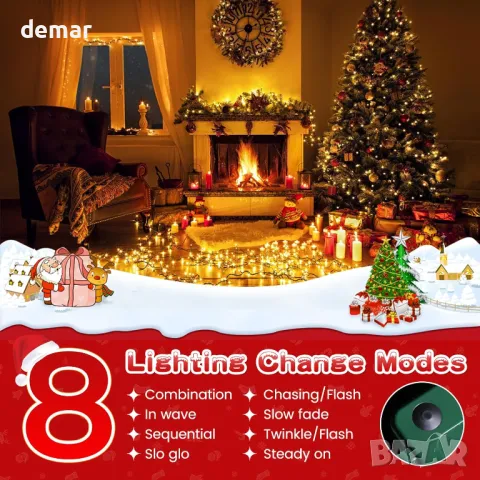 ELKTRY 1000LED 50M Коледни светлини за открито, топло бяло, работи на батерия с таймер, 8 режима, снимка 5 - Лед осветление - 47525558