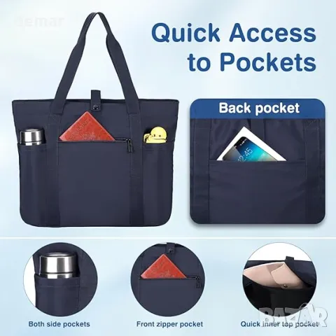 Чанта Voova Tote за жени, водоустойчива чанта с голям капацитет с цип, сгъваема чанта през рамо,синя, снимка 3 - Чанти - 50302367