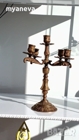 Бронзов, тежък, масивен, френски свещник с 5 гнезда . 