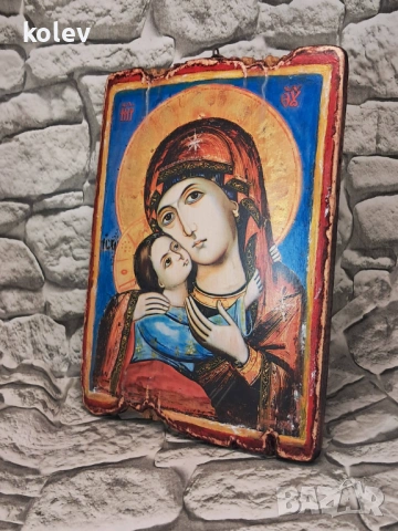икона на Богородица с Младенеца от Рилски манастир 25/18 см, репродукция, художествен декупаж, снимка 3 - Икони - 53616411