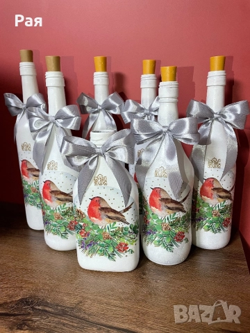 Коледна декупаж бутилка с LED, снимка 3 - Декорация за дома - 52818679