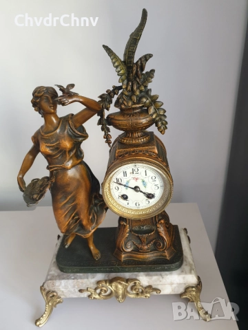 Франция 1800-те/50см-7кг стар френски каминен часовник/метална ЦАМ фигура-мрамор