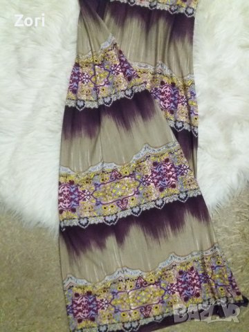 КРАСИВА дълга рокля в пейсли принт с презрамки от сребристи синджирчета, снимка 6 - Рокли - 41521008