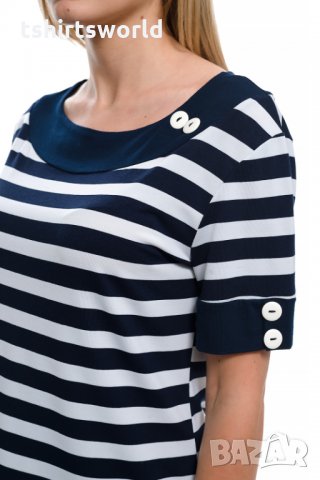 Нова дамска моряшка блуза с къс ръкав, широко райе, снимка 3 - Тениски - 27999734