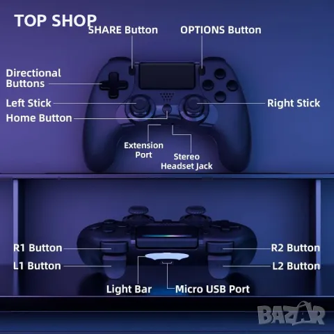 Контролер Clevo за PS4, безжичен контролер за игри, съвместим с P4, P4 Slim,P4 Pro с двойна вибрация, снимка 8 - Аксесоари - 49785472