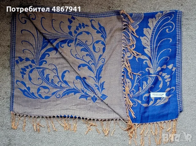 Луксозен двулицев шал Пашмина (100% Pashmina) – Кралско синьо и златисто, 170х69 см, снимка 4 - Шалове - 56149314