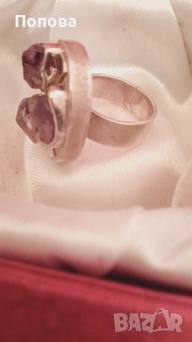 Огромен авторски сребърен масивен  пръстен с аметисти, снимка 2 - Пръстени - 44729908