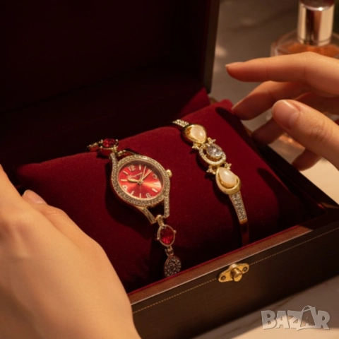 Луксозен дамски сет: часовник с кристали + гривна – в подаръчна опаковка, снимка 3 - Бижутерийни комплекти - 51947506