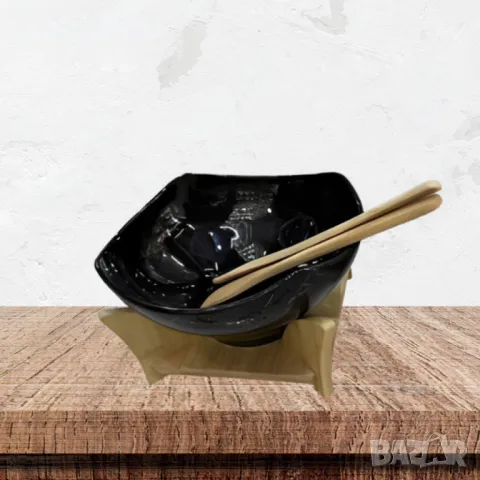 Елегантен сет за сервиране с купа и дървена поставка, снимка 1