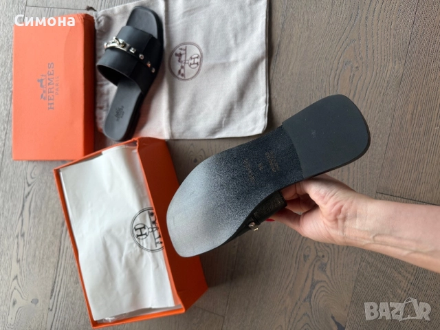 Hermes естествена кожа чехли черни, снимка 5 - Чехли - 51541569