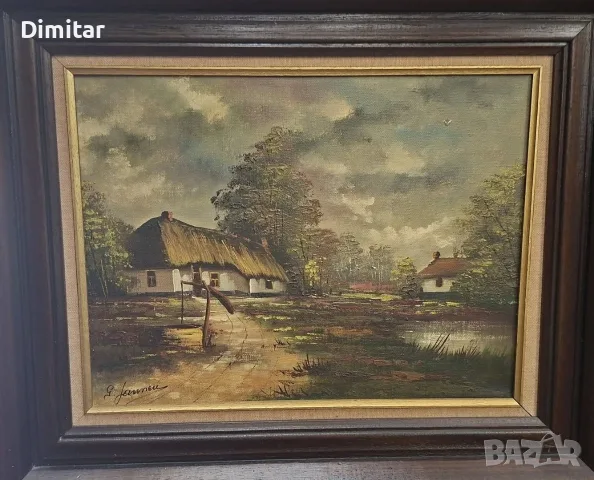 Белгийска маслена картина – селски пейзаж, подписана, стара дървена рамка