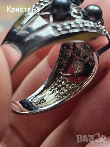 Сребърен пръстен с черни перли и кубични циркони , снимка 5 - Пръстени - 51955615