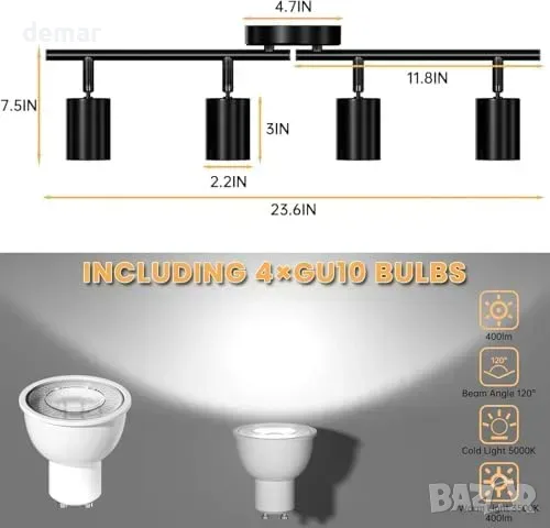 Таванен LED спот Lightbiz с 4 въртящи глави и 4 крушки GU10, снимка 2 - Лампи за таван - 55827425