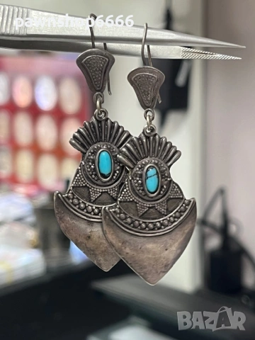 Винтидж сребърни обеци 925 проба с тюркоаз, снимка 2 - Обеци - 53794525