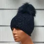 Нова зимна дамска шапка с камъчета в тъмносин цвят с пух/помпон, снимка 1