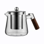 Стъклен огнеупорен чайник-кана с инфузер, с дървена дръжка, 500мл,Прозрачен , снимка 1