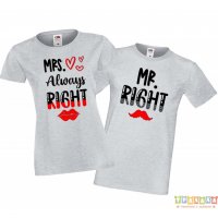 Tениски за влюбени Mr Right & Mrs Always Right, снимка 1 - Тениски - 35718972