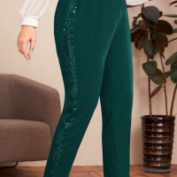 Елегантен панталон в зелено с висока талия, пайети, силно еластичен и много удобен, снимка 1 - Панталони - 44647503
