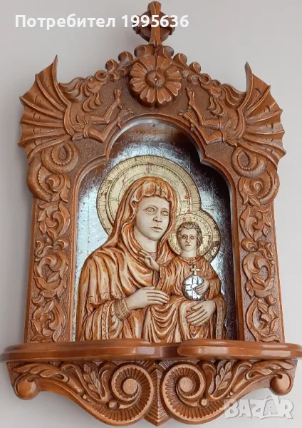 Дърворезба-домашен иконостас с резбована икона "Богородица с младенеца", снимка 1
