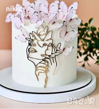 7 вид Абстрактно дамско лице с пеперуди златен контур топер украса декор торта, снимка 1