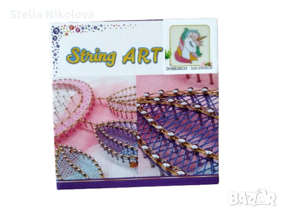 Креативна играчка, гоблен-инсталация от дъска,чук,пирончета и конци -Еднорог, снимка 1