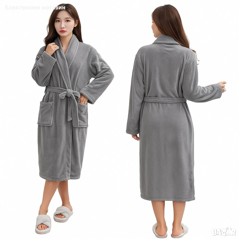 Дамски хотелски халат, класически, удобен, топъл, с връзки, мек, сив, снимка 1