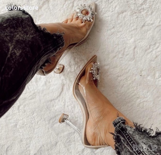 Обувки на ток - прозрачен силикон с бежов акцент - 7020, снимка 1