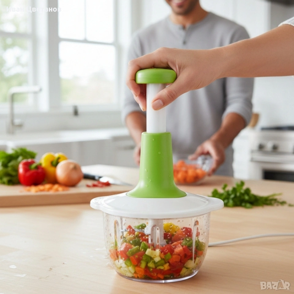 Ръчен кухненски чопър 900 мл с 3 остриета от неръждаема стомана стъкло Cheffinger, снимка 1