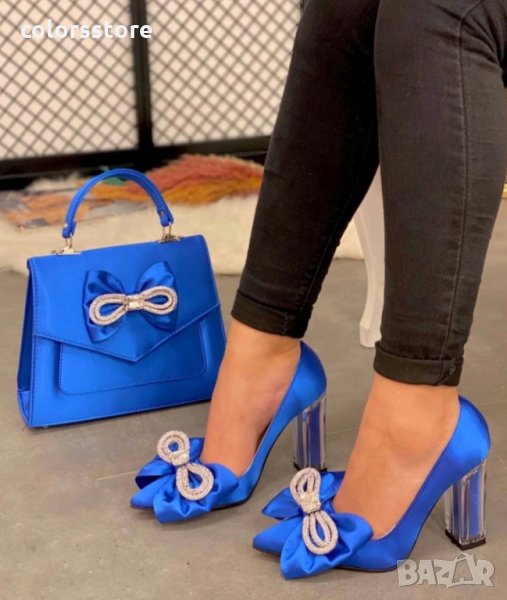 Обувки на ток син сатен код L3111, снимка 1