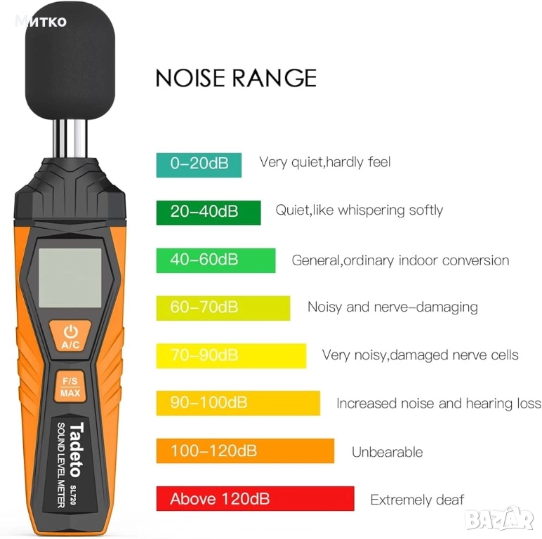 Tadeto Шумомер, преносим цифров децибеломер от 30dB до 130dB с LCD дисплей, претеглен спрямо климати, снимка 1