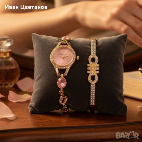 Луксозен дамски сет: часовник с кристали + гривна – в подаръчна опаковка, снимка 1