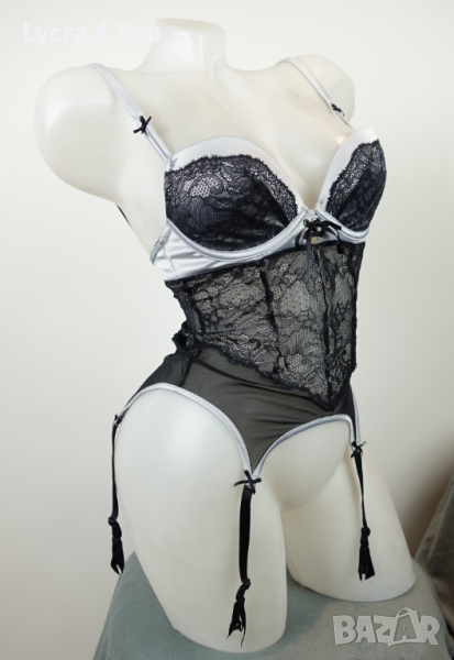 75B еротичен корсет от сив сатен и черна дантела с тюл, снимка 1