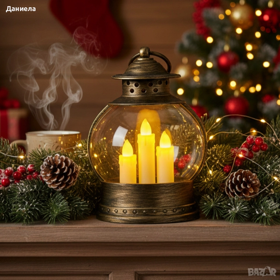 Декоративен коледен фенер с три LED свещи – безопасна и магична светлина, снимка 1