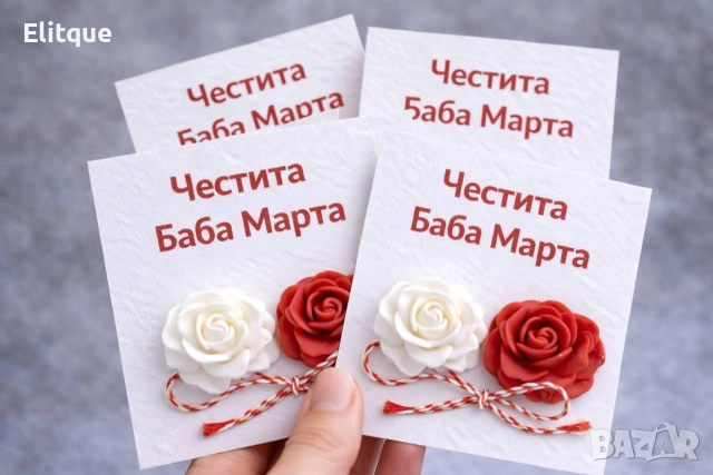 🌸 Картичка „Честита Баба Марта“ с бяла и червена сапунена роза. Ръчна изработка