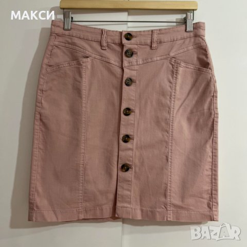 Дънкова еластична модерна къса пола с джобове и копчета – памук и еластан/плътна, силно еластична 