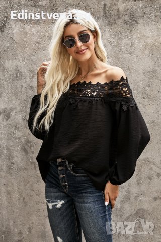 Дамска блуза в черно с паднало деколте с бродерия, снимка 3 - Блузи с дълъг ръкав и пуловери - 44414713