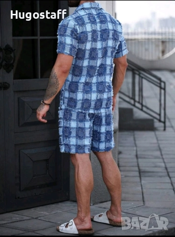 Нов мъжки летен екип комплект син ХЛ, снимка 2 - Спортни дрехи, екипи - 51772543