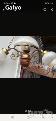 Стар Рустикал Полилей, Лампа, Абажур изработен от дърво, месинг и стъкло, снимка 2 - Лампи за таван - 50247697