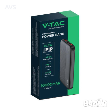 Външна батерия 10000 mah Power Bank V-TAC черна, снимка 2 - Външни батерии - 44516390